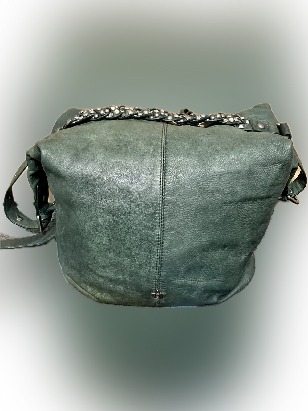 Ash Green Leather Satchel with Studded Chain Detail